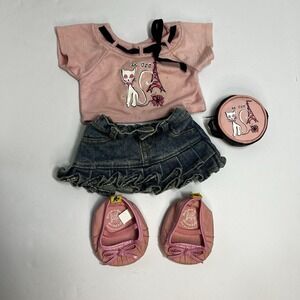 Build A Bear Pink Le Cat Paris Set- Shirt, Skirt, Shoes, Matching Purse French